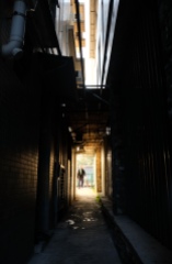 A villager walk down a narrow alley between houses.